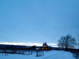 The Good Earth glows in the snowy, New Year's Eve twilight.
